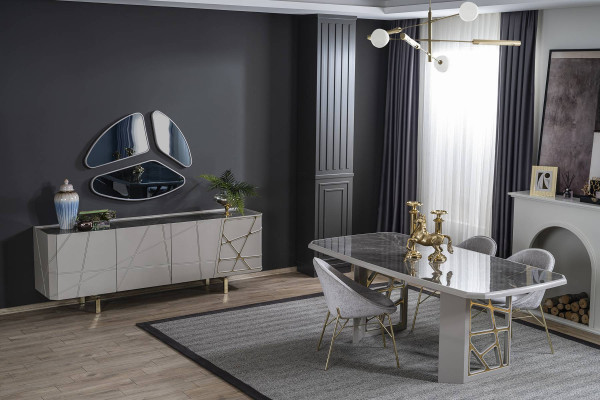 Gray dining room furniture, luxurious dining set, dining table, 4x chairs, sideboard.