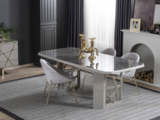 Gray dining room furniture, luxurious dining set, dining table, 4x chairs, sideboard.