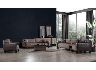 Brown living room leather suite 3-seater sofa armchair coffee table 4-piece set