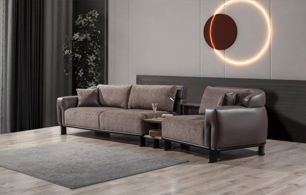 Brown living room leather suite 3-seater sofa armchair coffee table 4-piece set