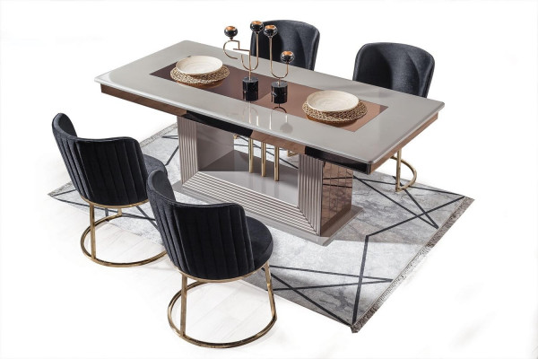 Stylish Dining Room Set Rectangular Dining Table 4x Black Upholstered Chairs