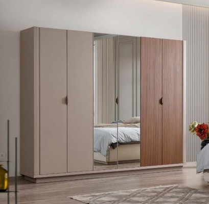 Beige wardrobe bedroom cabinets glass doors 6-door wardrobe