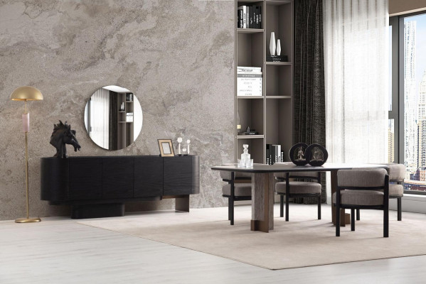 Designer dining room set, dining table, 6 chairs, sideboard, mirror, 9 pieces.