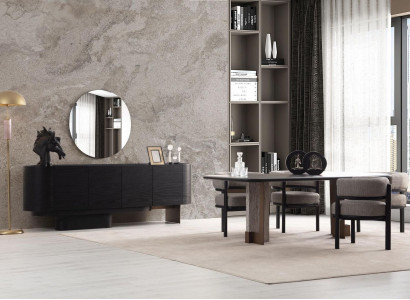 Designer dining room set, dining table, 6 chairs, sideboard, mirror, 9 pieces.