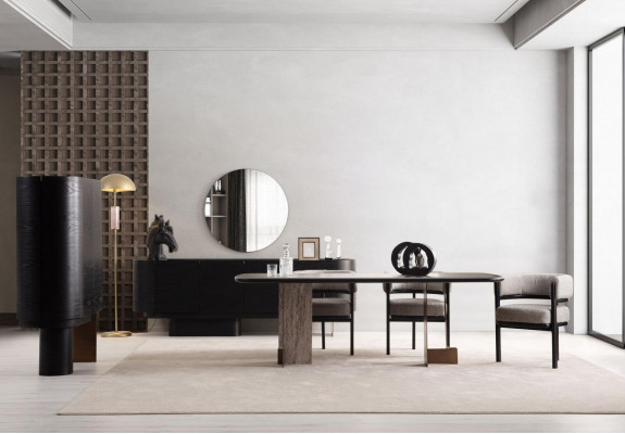 Designer dining room set, dining table, 6 chairs, sideboard, mirror, 9 pieces.