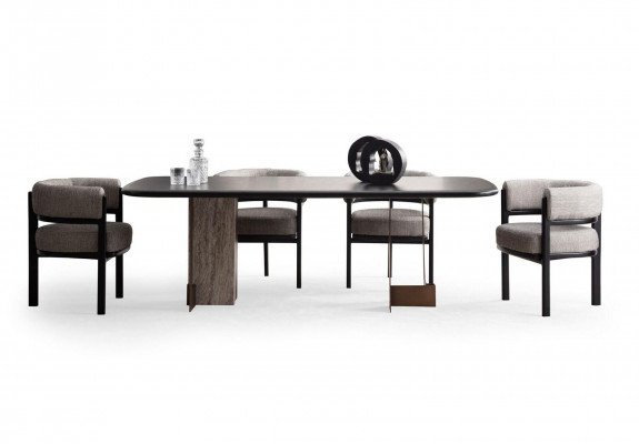 Designer dining room set, dining table, 6 chairs, sideboard, mirror, 9 pieces.