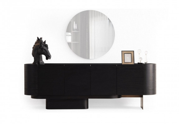 Designer dining room set, dining table, 6 chairs, sideboard, mirror, 9 pieces.