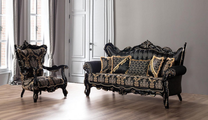 Black Baroque Furniture Sofa Set Couch Upholstered Furniture Table 5-piece