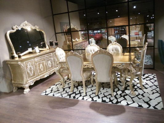 Classic dining room set with table, 6 chairs, and sideboard complete 8-piece set.