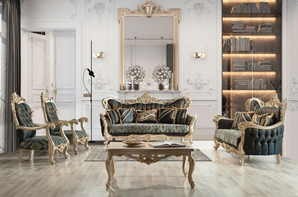 Sofa set sofa couch baroque rococo set coffee table turquoise 5-piece gold