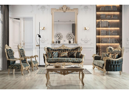 Sofa set sofa couch baroque rococo set coffee table turquoise 5-piece gold