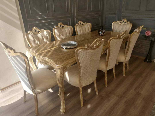 Dining room set with table and 8 upholstered backrest chairs, seating suite, cushion couches set