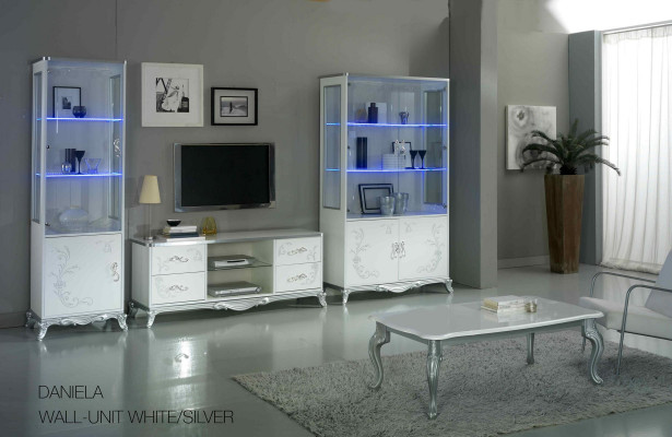Living Room Wall Unit Set, Display Cabinet, Lowboard, Wall Shelf, TV Table, White-Silver, 3 pieces.