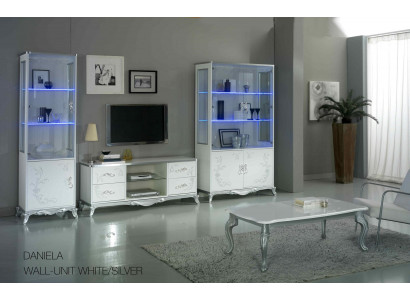 Living Room Wall Unit Set, Display Cabinet, Lowboard, Wall Shelf, TV Table, White-Silver, 3 pieces.
