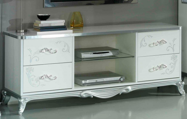 Living Room Wall Unit Set, Display Cabinet, Lowboard, Wall Shelf, TV Table, White-Silver, 3 pieces.