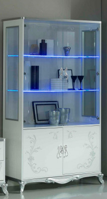 Living Room Wall Unit Set, Display Cabinet, Lowboard, Wall Shelf, TV Table, White-Silver, 3 pieces.