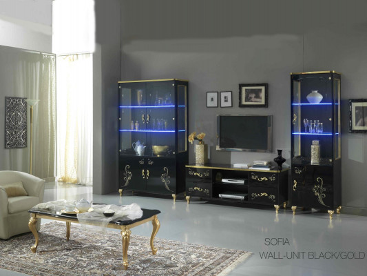 Living room wall unit set display cabinet lowboard wall shelf 3-piece black living room wall units