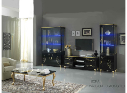 Living room wall unit set display cabinet lowboard wall shelf 3-piece black living room wall units