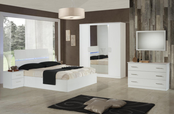 Double bed, bed, 2x nightstands, wood design, modern style beds, 3-piece, LED light