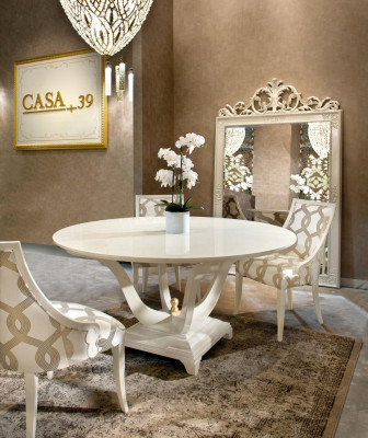 Design round table, 4x armchairs, dining room seating, upholstered round tables, set