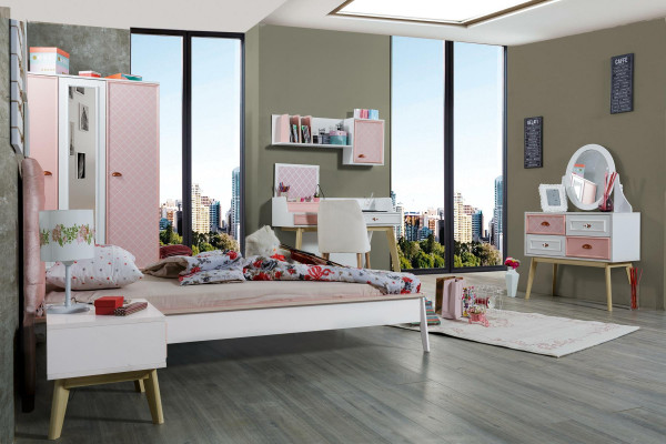 Children's room luxury bed, bedside table, pink set furniture design, 2-piece console