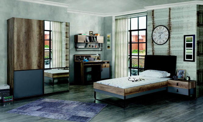 Designer youth room bedroom bed nightstand desk 3-piece.