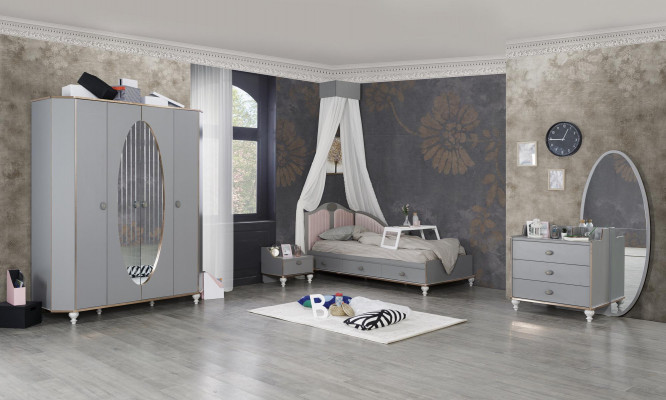 Children's room design set bed bedside table dresser wardrobe 4-piece.