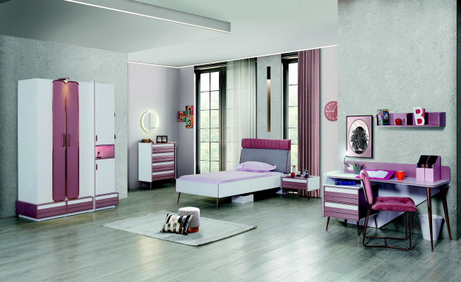 Children's room complete: bed, wardrobe, dresser, mirror, wall shelf, 7-piece set