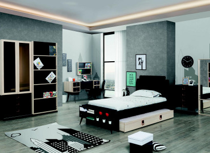 Modern youth room set bed bedside table wardrobe wall shelf black 6-piece set.