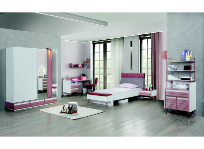 Children's room set 7-piece luxury bed, nightstand, dresser, wardrobe, wall shelf.