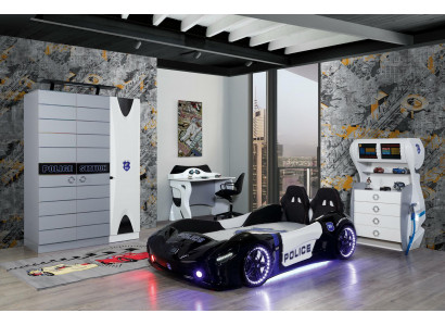 Children's room and youth room set with car bed, wardrobe, desk, 4-piece set