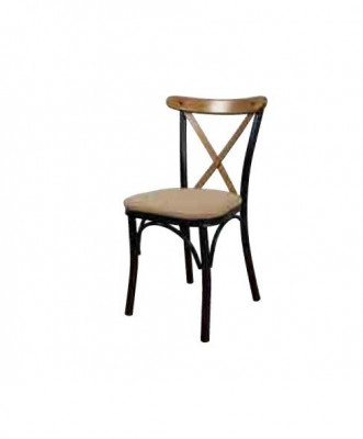 A wooden chair with a soft seat and a round back for your dining room.
