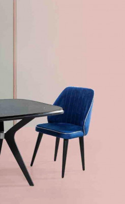 Blue upholstered chair with black wooden legs for dining room, light model
