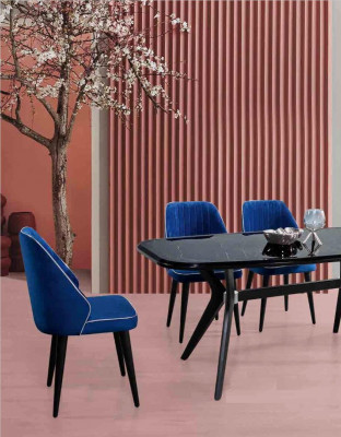 Blue upholstered chair with black wooden legs for dining room, light model