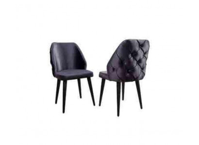 Padded gray wood chair, Chesterfield style, on black legs for dining room.