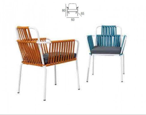 Original chair in light color on white legs with a soft seat cushion made of stainless steel.