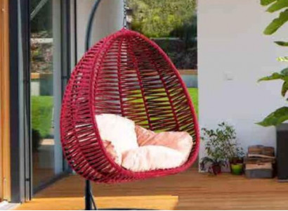 Oval shell chair, red rattan with stainless steel, for comfortable relaxation, new