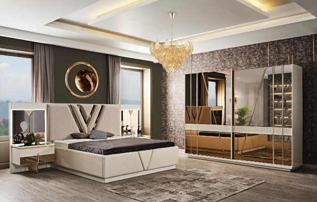 4-piece bedroom set: upholstered bed, 2x nightstands, wardrobe, luxury