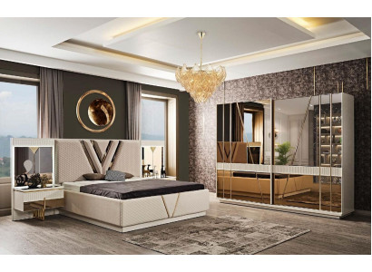 4-piece bedroom set: upholstered bed, 2x nightstands, wardrobe, luxury