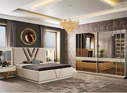 4-piece bedroom set: upholstered bed, 2x nightstands, wardrobe, luxury