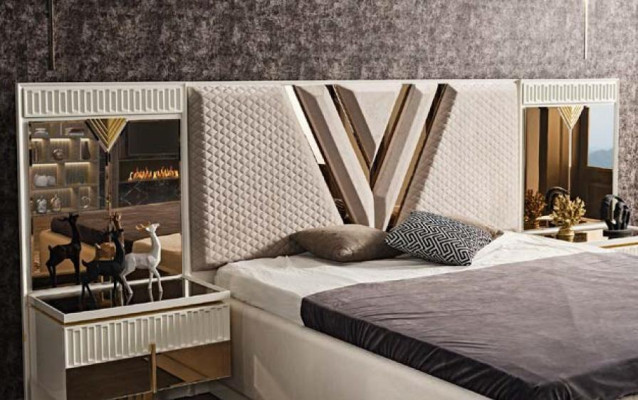 4-piece bedroom set: upholstered bed, 2x nightstands, wardrobe, luxury