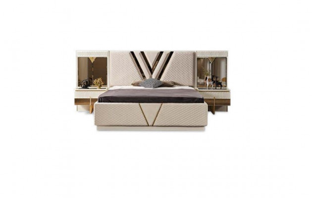 4-piece bedroom set: upholstered bed, 2x nightstands, wardrobe, luxury