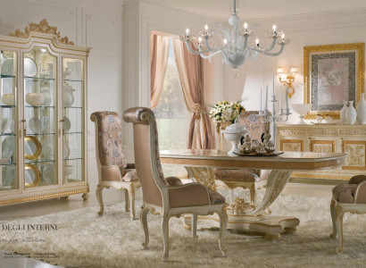 Luxury dining group dining room dining table chair display cabinet dresser set 7-piece beige