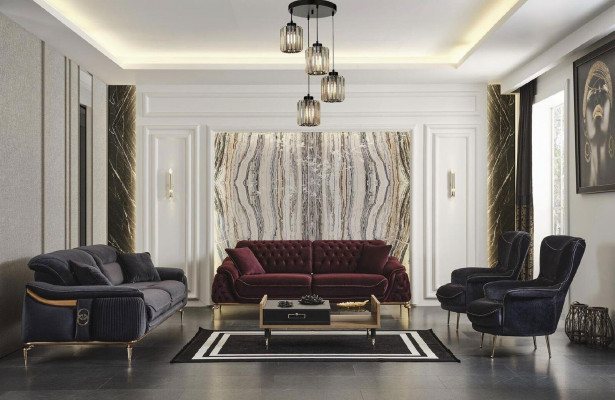 Design Chesterfield Living Room 3-Seater Fabric Couch Black Upholstery