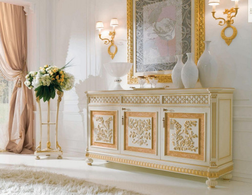 Luxury dining group dining room dining table chair display cabinet dresser set 7-piece beige