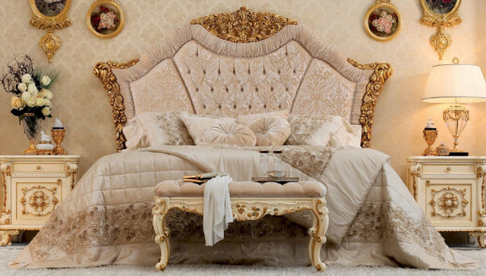 Luxury double bed, fabric beds, bed frame, wood, bedroom, baroque.