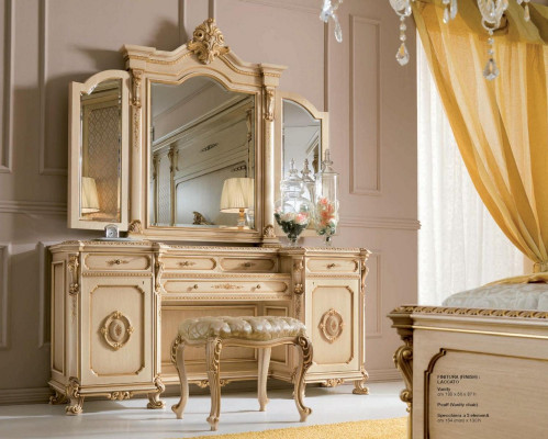 Vanity table console with mirror, wood console, luxury beige baroque