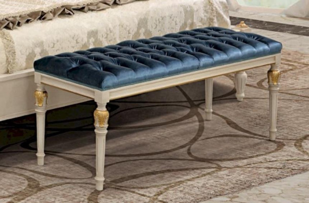 Chesterfield Stool Seat Cushion Bench Upholstery Fabric Wood Blue