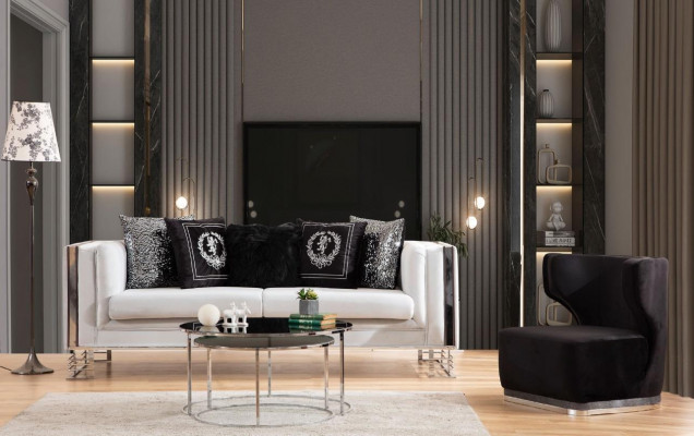 White-Black Sofa Set Living Room Sofas Three-Seater Upholstered Armchair