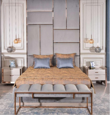 Luxury Bedroom Suite Double Bed Bedside Tables Set 5-piece Beige